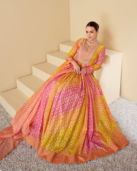 Customized Yellow/Pink Muslin Digital Print Floor Length Anarkali Kurta With Silk Dupatta