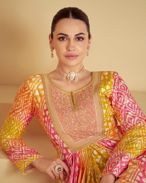 Customized Yellow/Pink Muslin Digital Print Floor Length Anarkali Kurta With Silk Dupatta