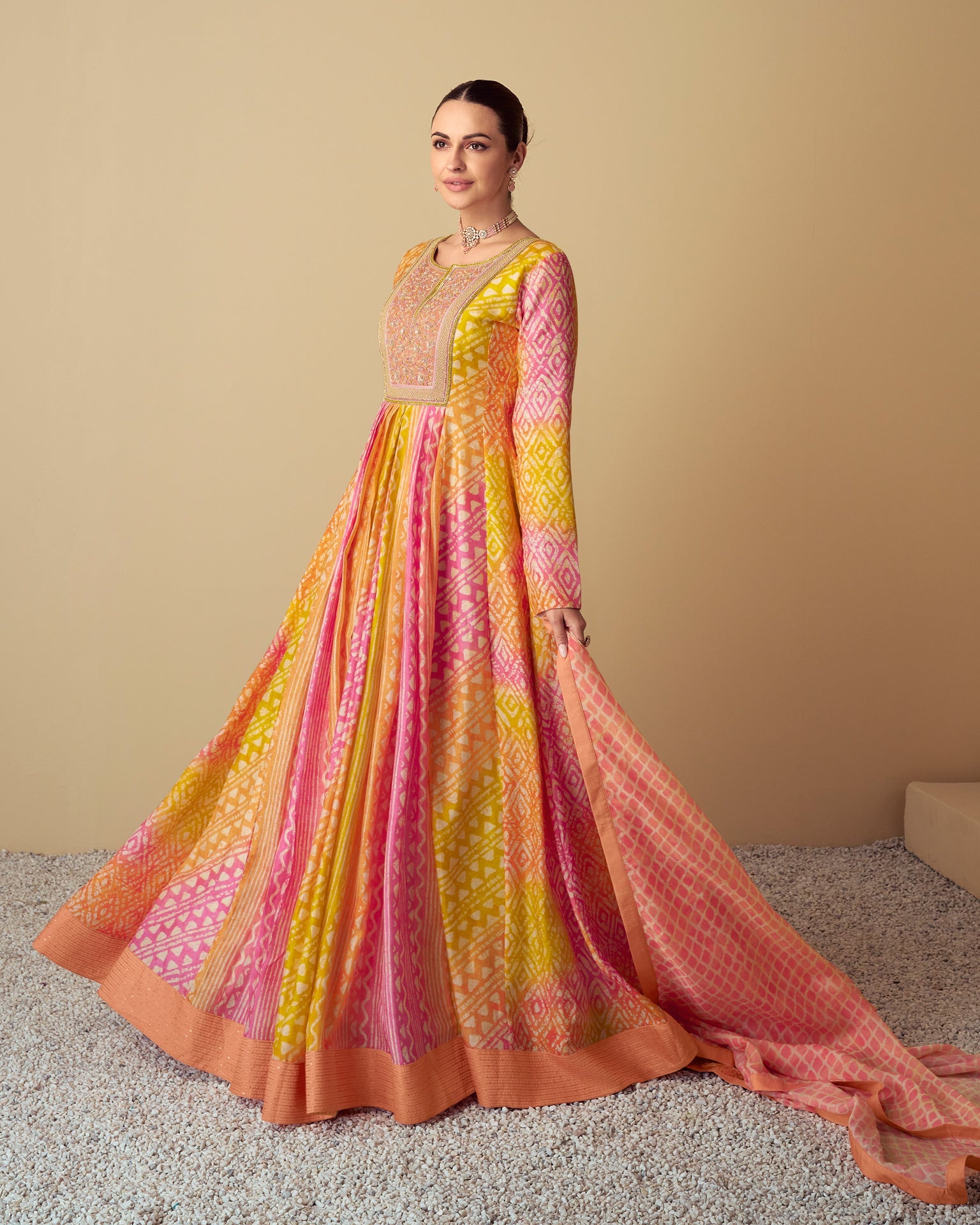 Customized Yellow/Pink Muslin Digital Print Floor Length Anarkali Kurta With Silk Dupatta