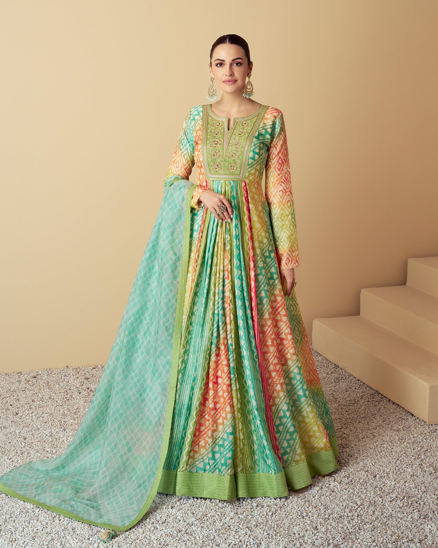 Customized Green/Orange Muslin Digital Print Floor Length Anarkali Kurta With Silk Dupatta