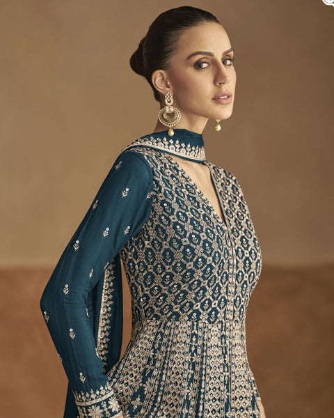 Blue Chinnon Silk Women Readymade Anarkali Gown With Dupatta