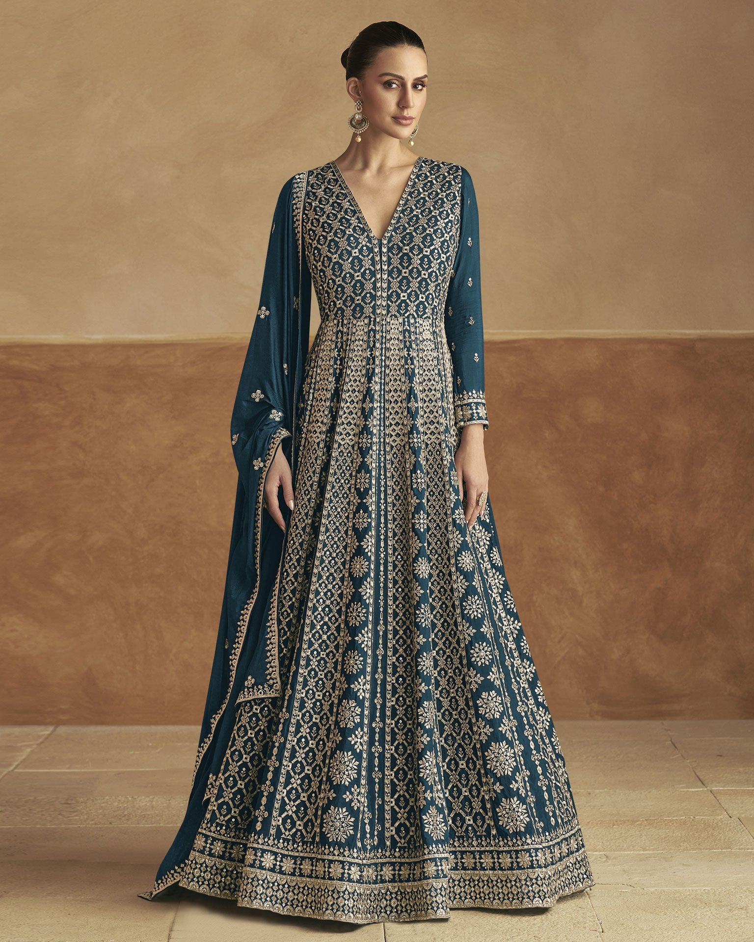 Blue Chinnon Silk Women Readymade Anarkali Gown With Dupatta