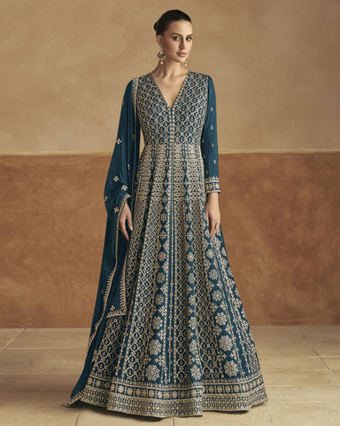 Blue Chinnon Silk Women Readymade Anarkali Gown With Dupatta