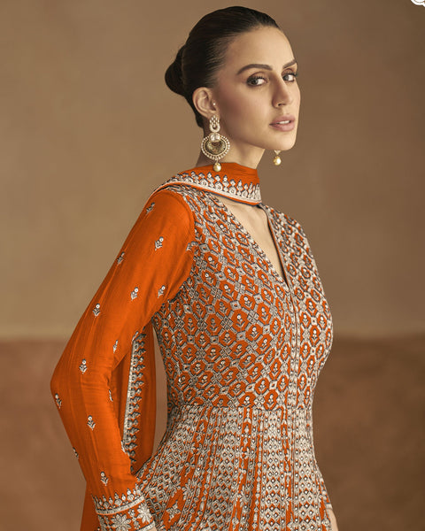 Orange Chinnon Silk Women Readymade Anarkali Gown With Dupatta