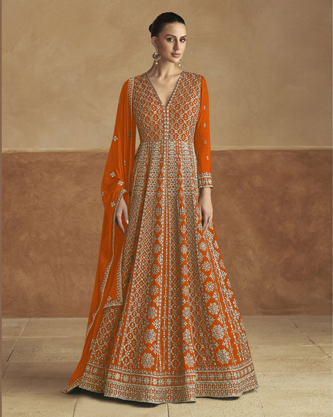 Orange Chinnon Silk Women Readymade Anarkali Gown With Dupatta