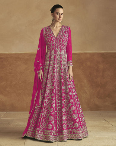 Pink Chinnon Silk Women Readymade Anarkali Gown With Dupatta