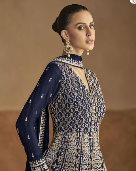 Navy Blue Chinnon Silk Women Readymade Anarkali Gown With Dupatta