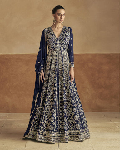 Navy Blue Chinnon Silk Women Readymade Anarkali Gown With Dupatta