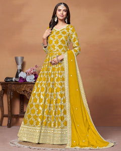 Yellow Dola Jacquard Zari Work Anarkali Suit With Yellow Chinnon Dupatta