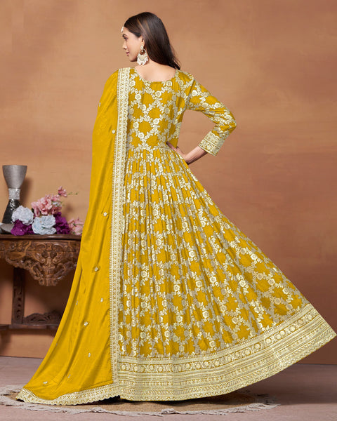 Yellow Dola Jacquard Zari Work Anarkali Suit With Yellow Chinnon Dupatta