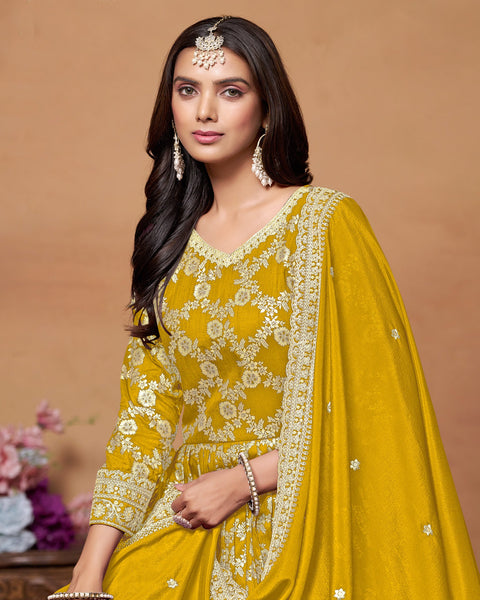 Yellow Dola Jacquard Zari Work Anarkali Suit With Yellow Chinnon Dupatta