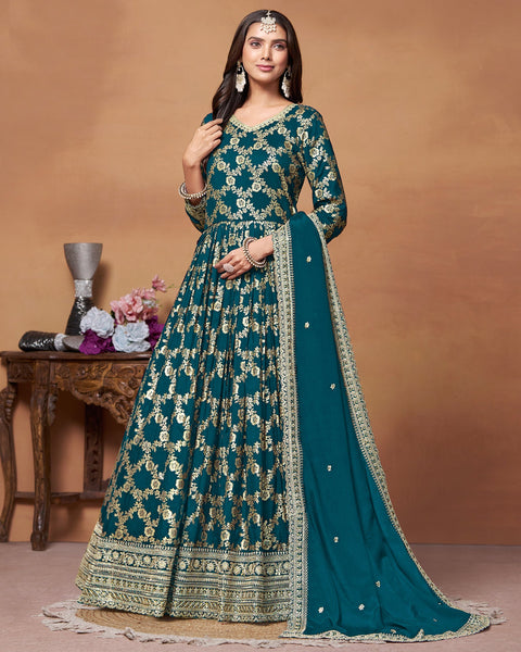 Blue Dola Jacquard Zari Work Anarkali Suit With Blue Chinnon Dupatta