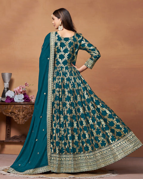 Blue Dola Jacquard Zari Work Anarkali Suit With Blue Chinnon Dupatta