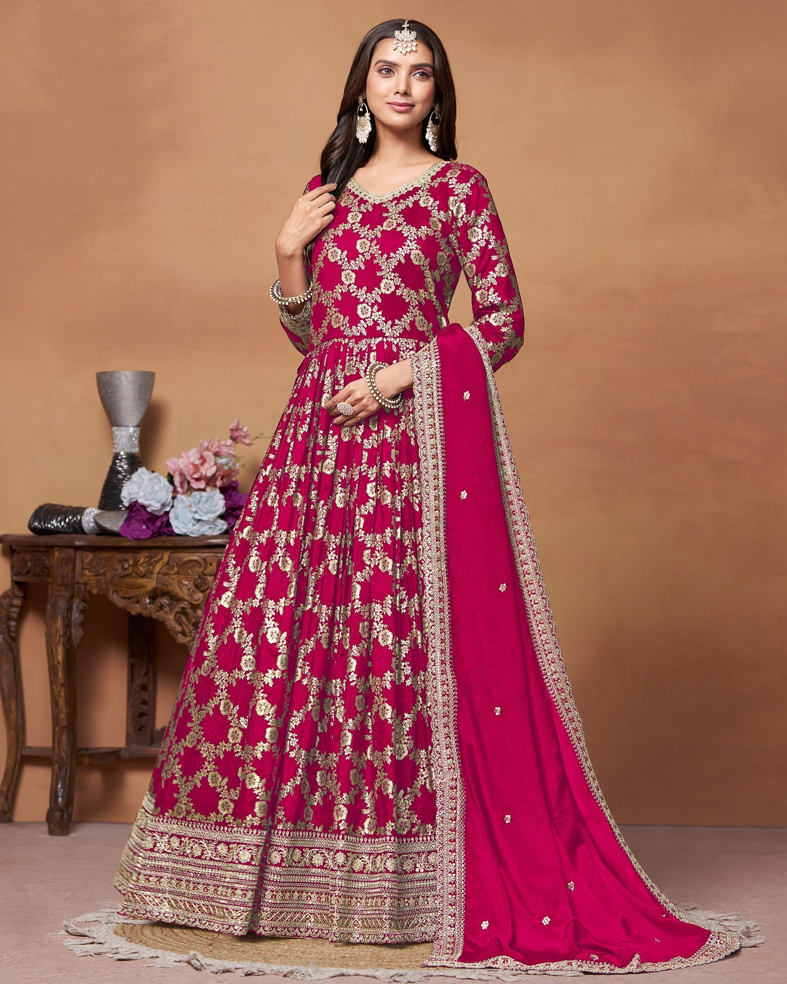 Pink Dola Jacquard Zari Work Anarkali Suit With Pink Chinnon Dupatta