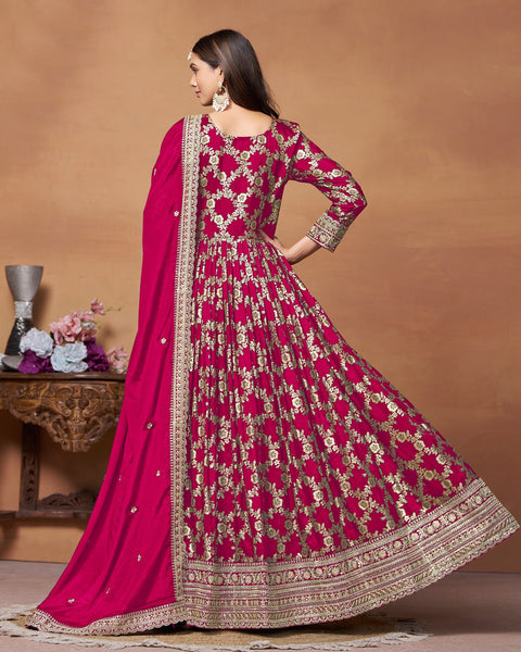 Pink Dola Jacquard Zari Work Anarkali Suit With Pink Chinnon Dupatta