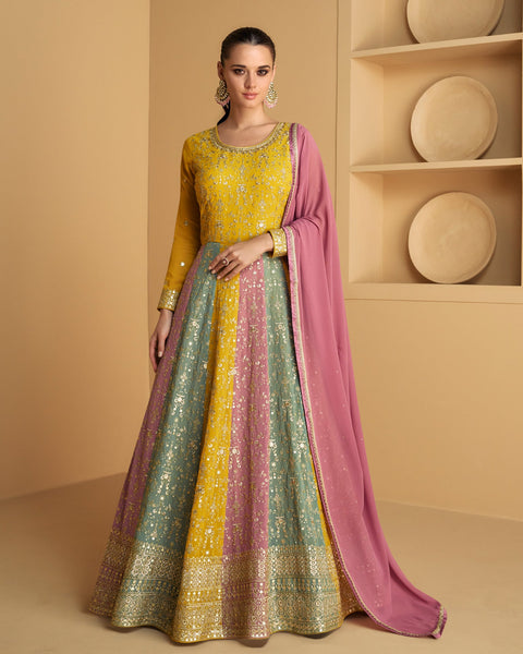 Yellow Pink & Green Zari Work Pure Georgette Readymade Kalidar Anarkali Suit With Dupatta