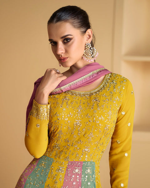 Yellow Pink & Green Zari Work Pure Georgette Readymade Kalidar Anarkali Suit With Dupatta