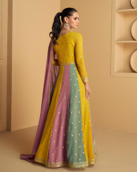 Yellow Pink & Green Zari Work Pure Georgette Readymade Kalidar Anarkali Suit With Dupatta