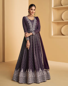 Dark Purple Thread Sequins Work Pure Georgette Readymade Anarkali Suit With Dupatta