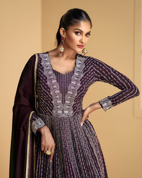 Dark Purple Thread Sequins Work Pure Georgette Readymade Anarkali Suit With Dupatta