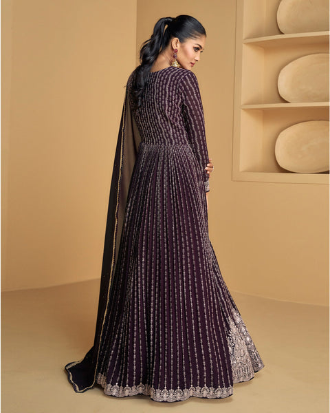 Dark Purple Thread Sequins Work Pure Georgette Readymade Anarkali Suit With Dupatta