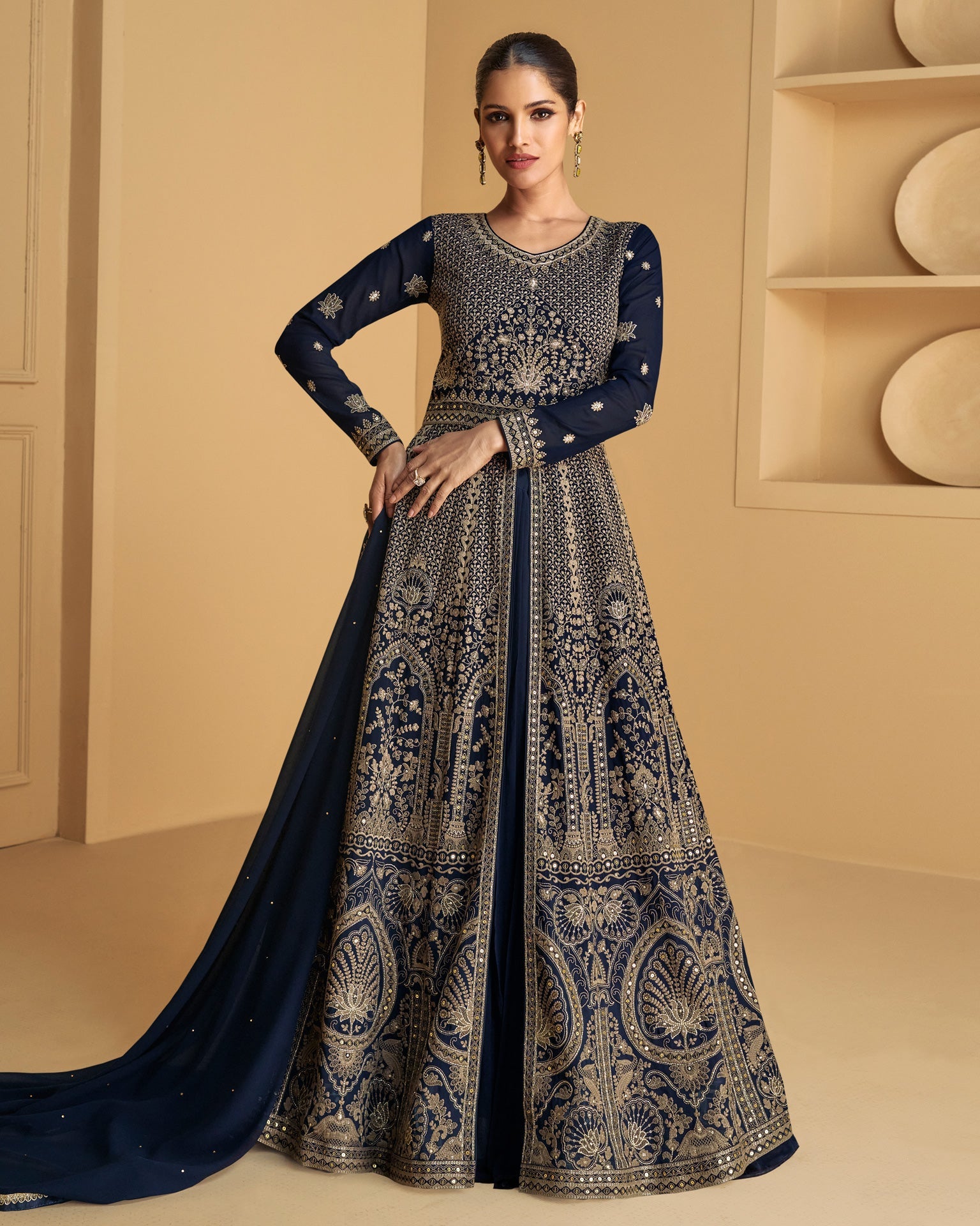 Blue Zari & Sequins Work Pure Georgette Readymade Anarkali Suit With Lehenga & Dupatta