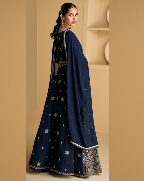 Blue Zari & Sequins Work Pure Georgette Readymade Anarkali Suit With Lehenga & Dupatta