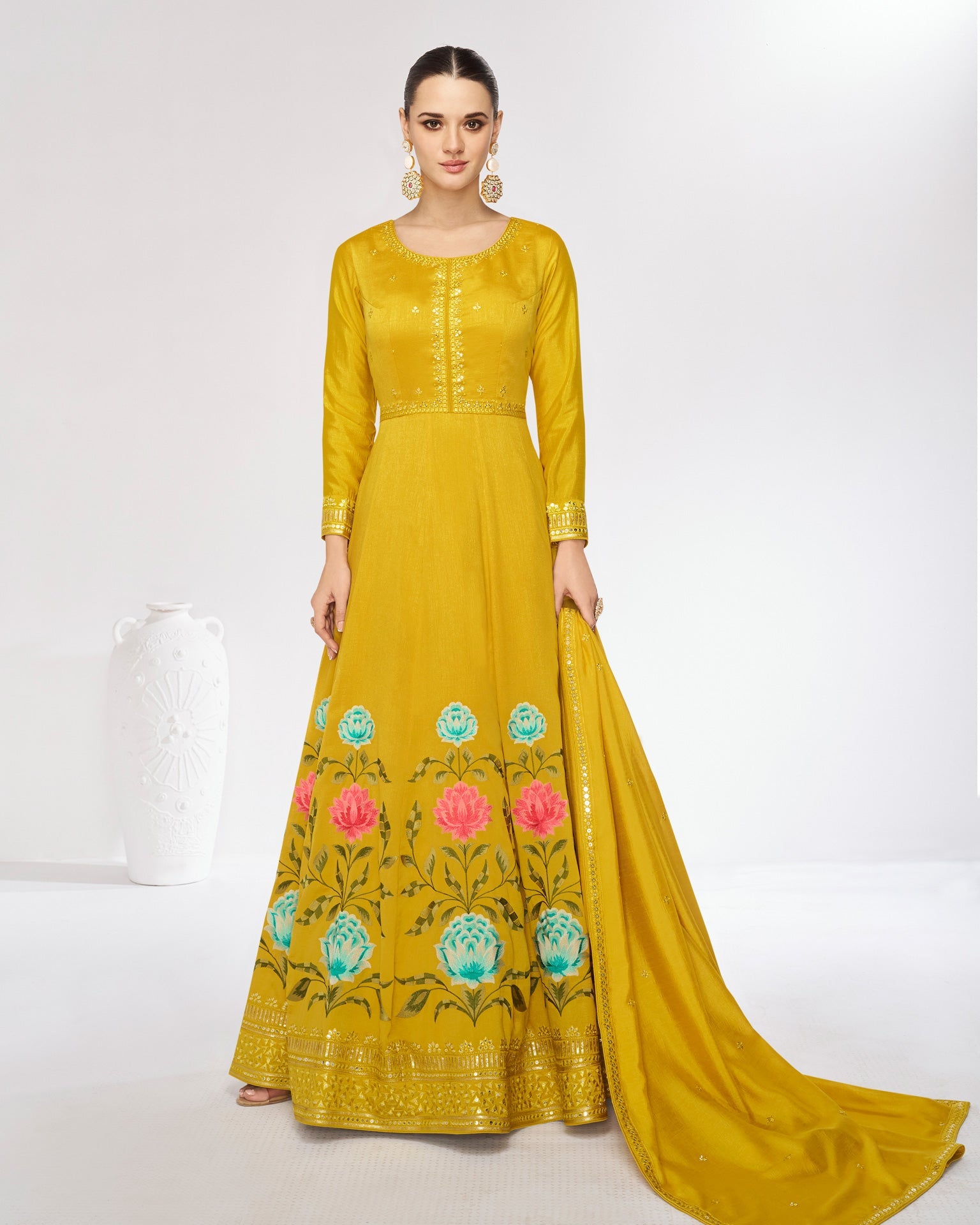 Yellow Silk Floor Length Anarkali Gown With Dupatta