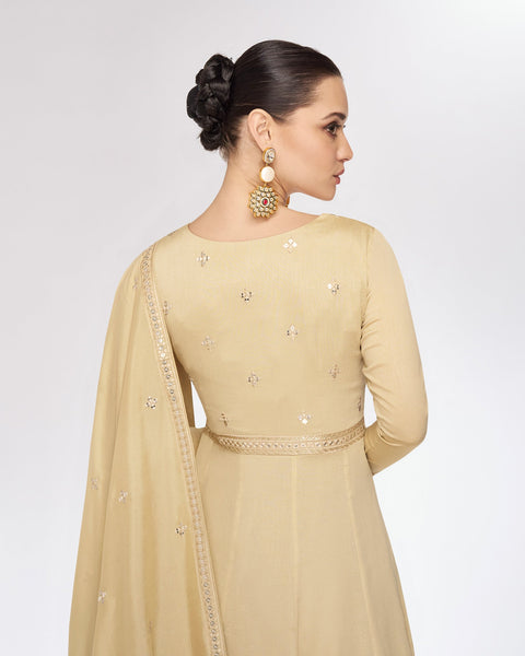 Beige Silk Floor Length Anarkali Gown With Dupatta