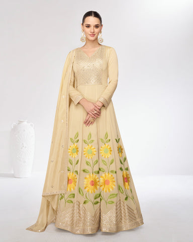 Beige Silk Floor Length Anarkali Gown With Dupatta