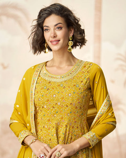 Yellow Pure Georgette Readymade Woman Frock Suit With Palazzo & Dupatta