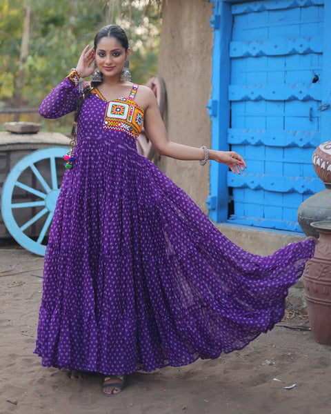 Purple Faux Georgette Bandhni Print Kutchi Work Anarkali Kurti