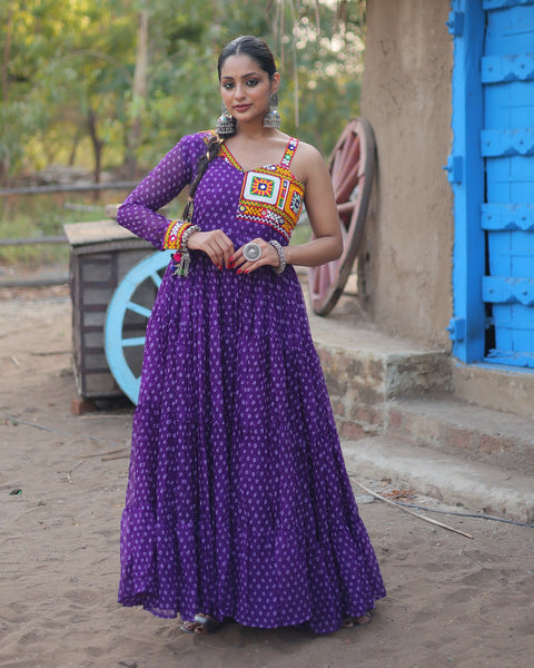 Purple Faux Georgette Bandhni Print Kutchi Work Anarkali Kurti