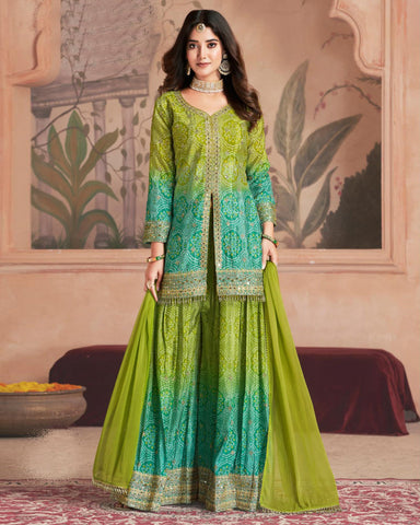 Green Bandhni Print Chinnon Silk Zari Sequins Mirror Work Women Readymade Palazzo Suit