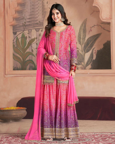 Pink & Purple Bandhni Print Chinnon Silk Zari Sequins Mirror Work Women Readymade Palazzo Suit