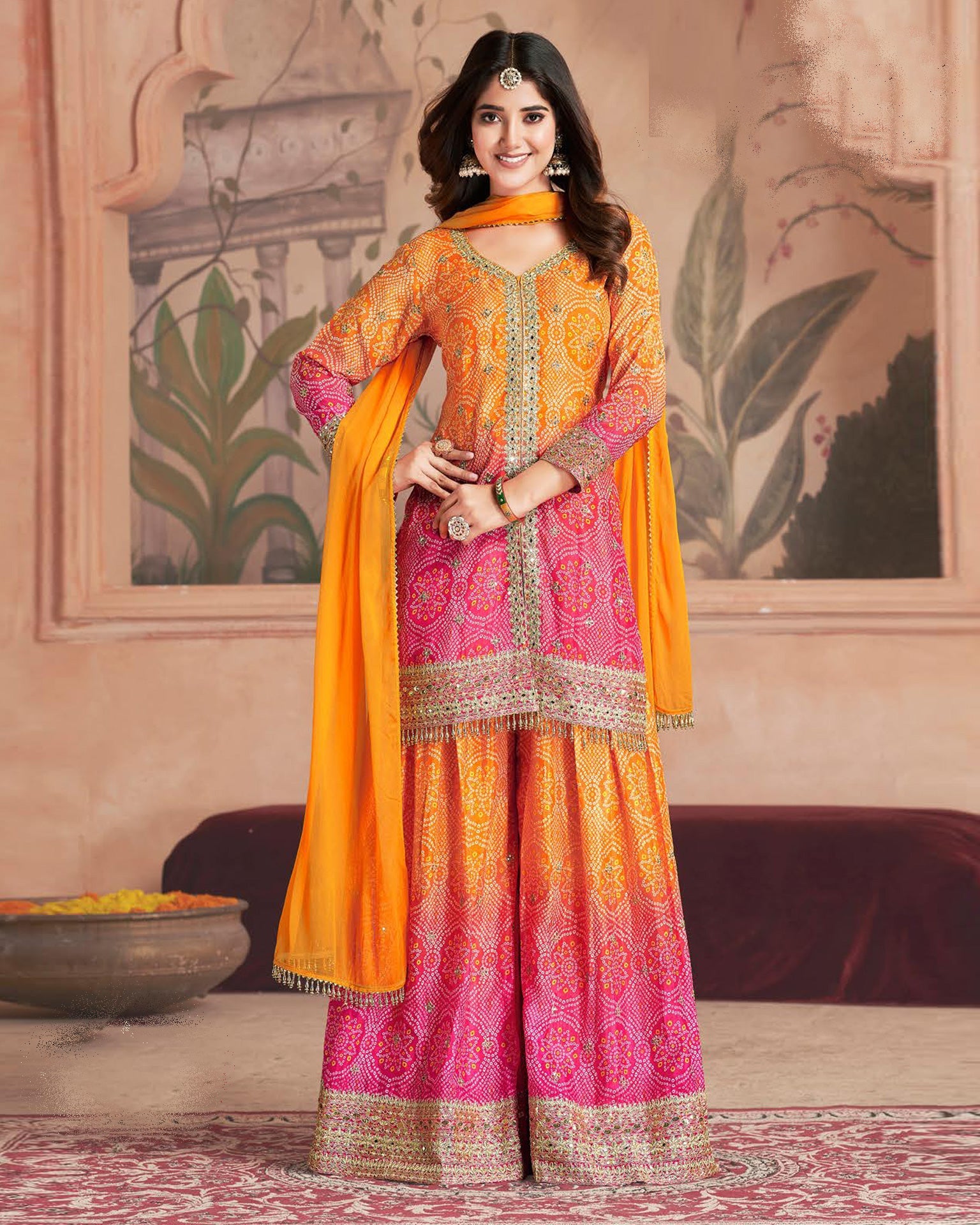 Yellow & Pink Bandhni Print Chinnon Silk Zari Sequins Mirror Work Women Readymade Palazzo Suit