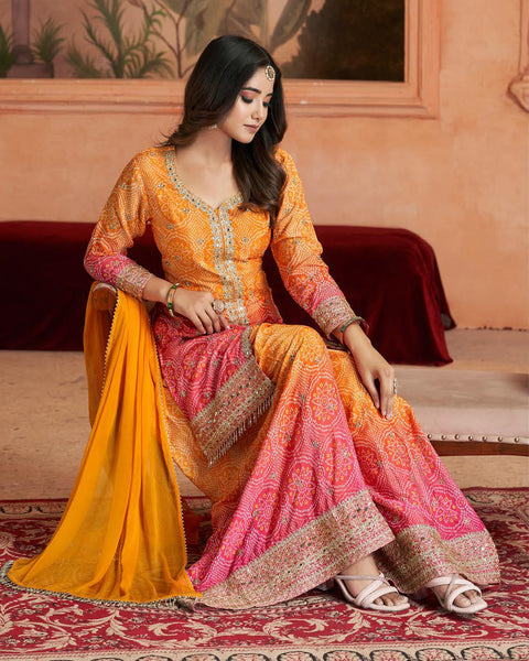 Yellow & Pink Bandhni Print Chinnon Silk Zari Sequins Mirror Work Women Readymade Palazzo Suit