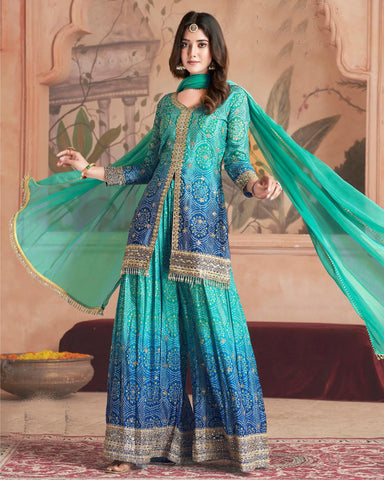 Blue Bandhni Print Chinnon Silk Zari Sequins Mirror Work Women Readymade Palazzo Suit