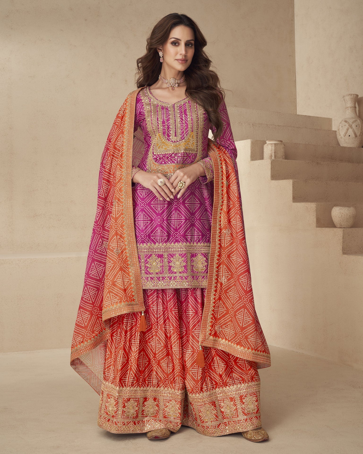 Pink Bandhni Print Readymade Woman Salwar Suit With Sequins & Zari Work & Bandhni Dupatta