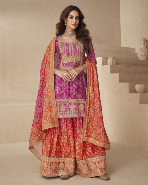 Pink Bandhni Print Readymade Woman Salwar Suit With Sequins & Zari Work & Bandhni Dupatta