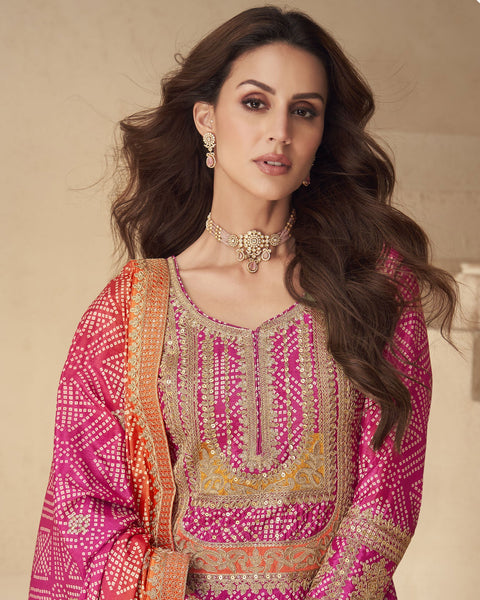 Pink Bandhni Print Readymade Woman Salwar Suit With Sequins & Zari Work & Bandhni Dupatta