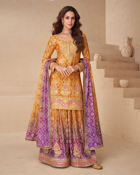 Yellow Bandhni Print Readymade Woman Salwar Suit With Sequins & Zari Work & Bandhni Dupatta