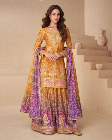 Yellow Bandhni Print Readymade Woman Salwar Suit With Sequins & Zari Work & Bandhni Dupatta