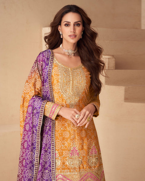 Yellow Bandhni Print Readymade Woman Salwar Suit With Sequins & Zari Work & Bandhni Dupatta