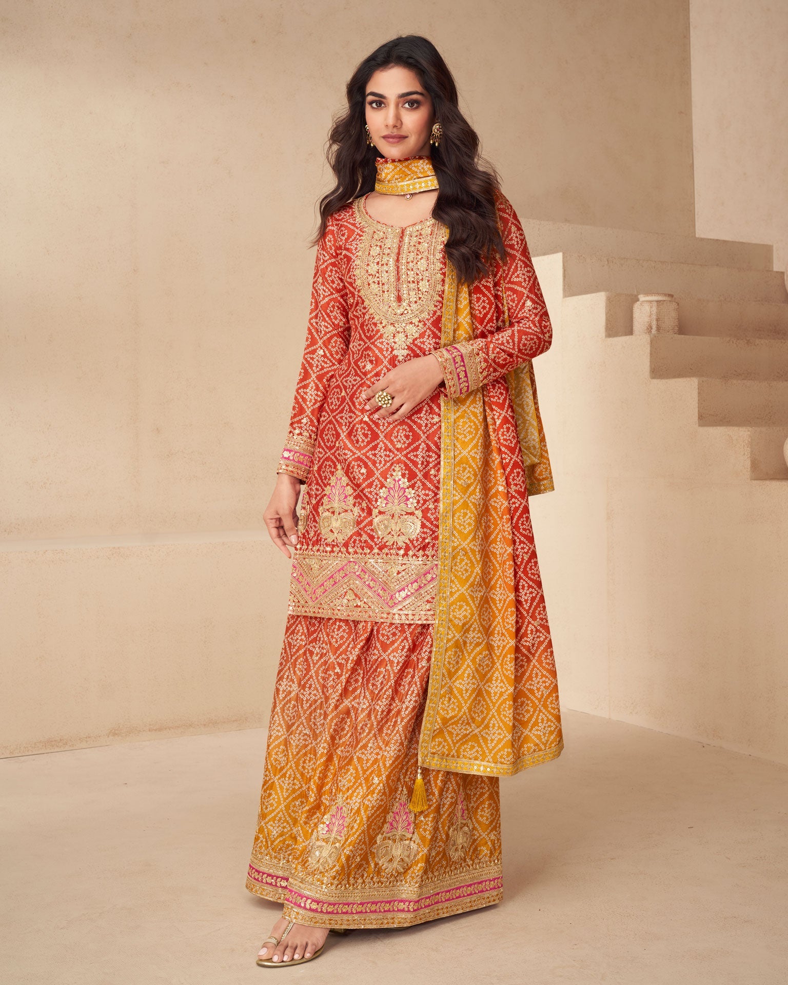 Red Bandhni Print Readymade Woman Salwar Suit With Sequins & Zari Work & Bandhni Dupatta