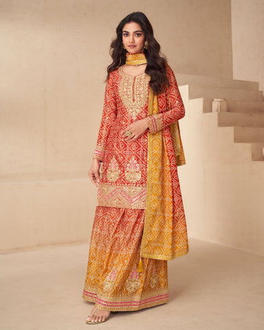 Red Bandhni Print Readymade Woman Salwar Suit With Sequins & Zari Work & Bandhni Dupatta