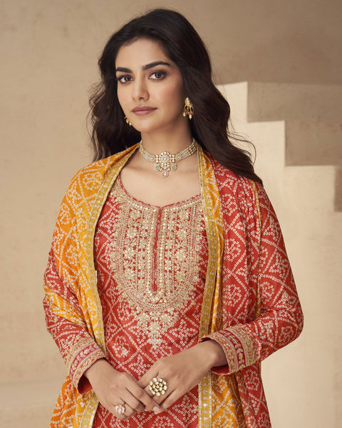 Red Bandhni Print Readymade Woman Salwar Suit With Sequins & Zari Work & Bandhni Dupatta