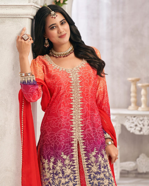 Red Blue Chinnon Silk Zari & Sequins Work Women Readymade Bandhej Salwar Suit