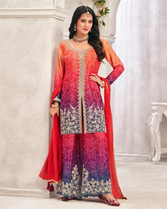 Red Blue Chinnon Silk Zari & Sequins Work Women Readymade Bandhej Salwar Suit