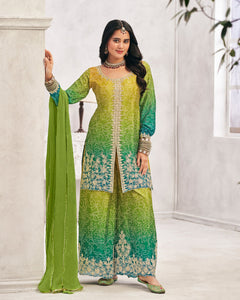 Yellow Green Chinnon Silk Zari & Sequins Work Women Readymade Bandhej Salwar Suit